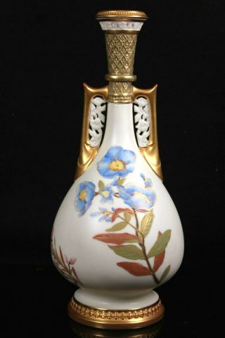 Antique Royal Worcester Aesthetic Period Vase Painted Flowers Pierced Circa 1889