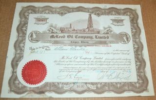 Mcleod Oil Company,  Limited 1926 Vintage Stock Certificate