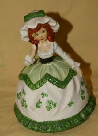 Vintage 1971 Sankyo Irish Girl Musical Figurine Box Shamrock Dress Porcelain 7 "