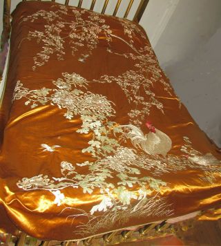Antique Chinese Silk Embroidery Bedspread Cover Chrysanthemums Chickens Birds