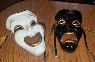 Comedy And Tragedy Vintage Ceramic Black/white Gold Face Mask Wall Hangings