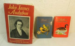 3 Vtg Bird Books John James Audubon Biography Blue & Red Birds Of America