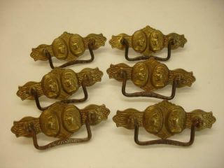 Set Of 6 Brass Antique Hardware Dresser Drawer Pulls Native American Indians Old