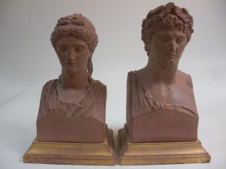 Lg 10 " Apollo & Diana Bust Statue Greek Roman God & Goddess Gold Gilt Wood Bases
