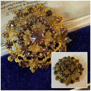 Vintage Art Deco Jewellery Czech Filigree Purple Crystal Flower Brooch Pin