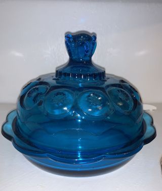 Vintage L.  E.  Smith Glass Blue Moon And Star Round Butter Dish