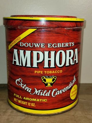Vintage Douwe Egberts Amphora Pipe Tobacco Cavendish Red 12oz Tin Can Empty