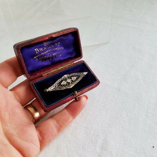Antique 1934 Art Deco 14k Two - Tone Gold 3 Diamonds Filigree Pin/brooch,  Old Box
