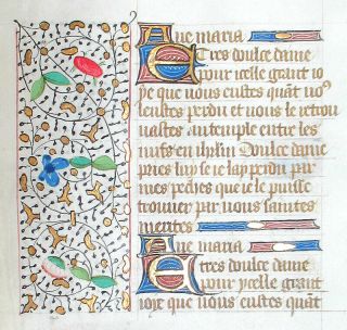 WRITTEN IN MEDIEVAL FRENCH,  ILLUMINATED BOOK OF HOURS MANUSCRIPT LEAF c.  1450 2