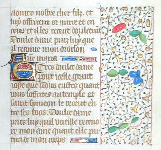 WRITTEN IN MEDIEVAL FRENCH,  ILLUMINATED BOOK OF HOURS MANUSCRIPT LEAF c.  1450 3