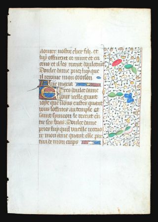 WRITTEN IN MEDIEVAL FRENCH,  ILLUMINATED BOOK OF HOURS MANUSCRIPT LEAF c.  1450 4