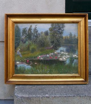 Interesting Antique French Impressionist Oil.  Woman At Water Lily Pond.  1880s.