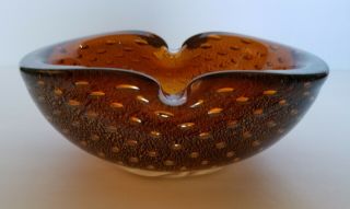 Vintage Controlled Bubbles Murano Art Glass Bowl/ashtray With Gold Flecks.  Amber
