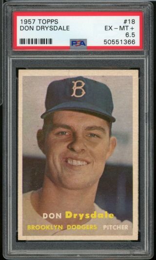 1957 Topps Don Drysdale Brooklyn Dodgers 18 Baseball Card Psa 6.  5 Ex - Mt,
