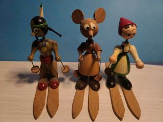 Vintage German? Hand Painted Wooden Miniature Skiing Figures Hand Made