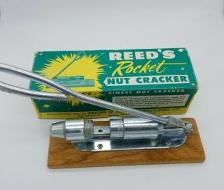 Vintage Reeds Rocket Pecan Nut Cracker Metal W/oak Wood Base Little Rock Ark Vtg