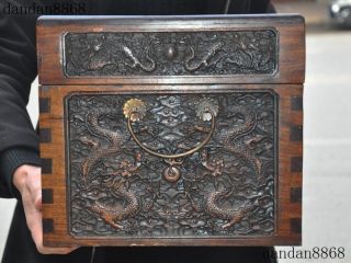 old Chinese dynasty huanghuali wood carving Dragon storage box container chest 5