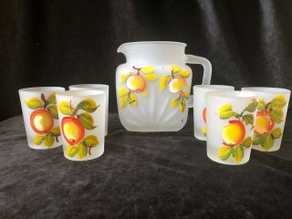 Vintage Gay Fad Frosted Pitcher And Juice Glass Set Peaches