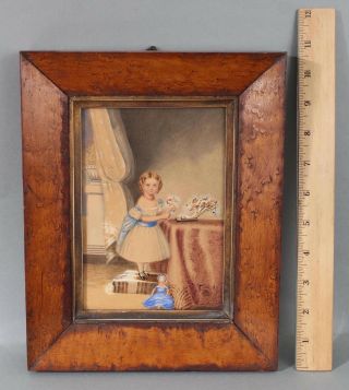 19thc Antique American Folk Art Watercolor Painting,  Little Girl,  Doll & Flowers