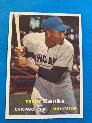 1957 Topps Ernie Banks 55 Baseball Card.  Perfect Centering Very Sharp Card