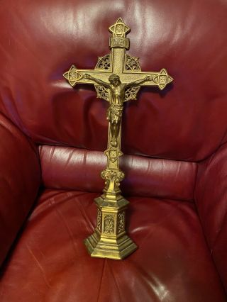 Altar Crucifix | Standing Gilt Bronze Cross | Antique Jesus Crucifixion | 19”