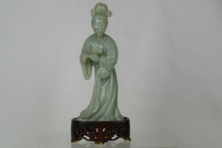 Fine Antique Chinese Intricately Carved Jade/stone Figure With Carved Wood Stand