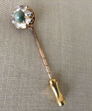 Antique Victorian 14K Gold Cat ' s Eye Stick Pin Encircled w/ 8 Old Mine Diamonds 4