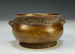 Antique Chinese Bronze Censer With Mask Handles And Mark