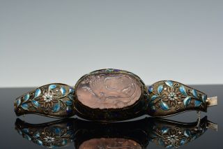 Antique Chinese Export Silver Enamel Rose Quartz Bracelet Qing Dynasty