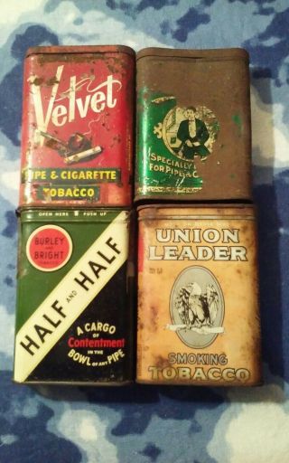 Vintage Empty Pocket Tobacco Tins - Tuxedo,  Union Leader,  Half & Half,  Velvet