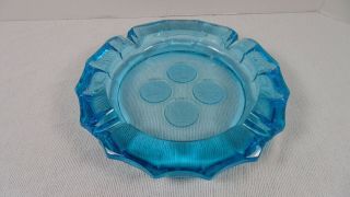 Vintage Round 7.  5 " Blue Glass Ashtray With Ribbed Sides Coin Imprint Bottom