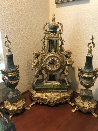 Antique Franz Hermle Imperial Brevettato Brass Marble Mantle Clock Set