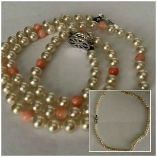 Vintage Jewellery Sterling Silver 925 Pearl & Coral Single Strand Necklace