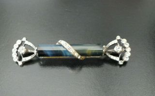 Vintage Jewellery Art Deco Navy Green Glass Agate Clear Rhinestone Brooch Pin
