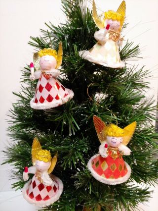 Vintage Set 4 Spun Cotton Chenille Pipe Cleaner Christmas Angel Ornaments Japan