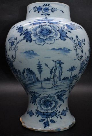 Large Antique 18thc Dutch Delft Blue & White Vase - Figural Decoration