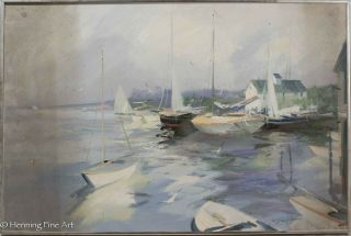 Vintage Charles Gruppe Impressionist Oil Painting Boat Harbor Signed & Framed