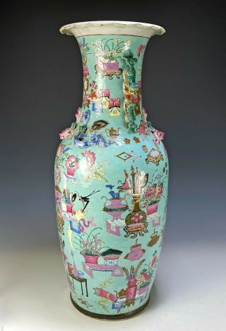Large Antique Chinese Hand Painted Porcelain Vase with Turquoise Ground 3