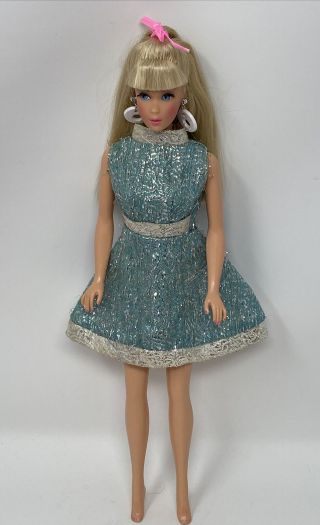 Vintage Barbie Size Clone Doll Clothes Outfit Silver Metallic Aqua Blue Dress