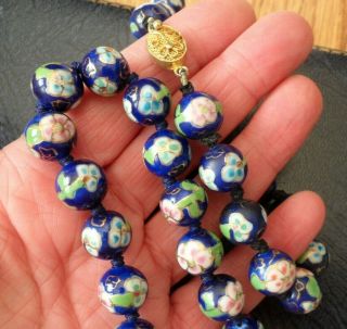Vintage Chinese Cloisonne Enamel Royal Blue Flower Bead Necklace For Repair