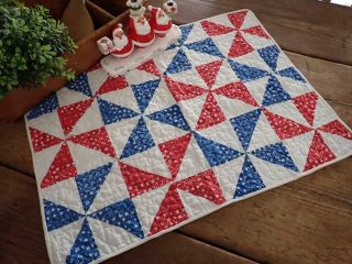 Patriotic Americana Vintage Red White Blue Table Quilt 23x18 Runner