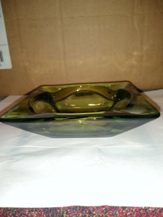 VINTAGE GREEN GLASS SQUARE ASHTRAY 4 5/8 