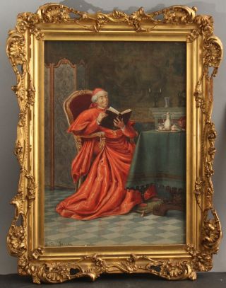 Antique 19thC De Sanctis Italian Cardinal Interior Watercolor Painting,  NR 2