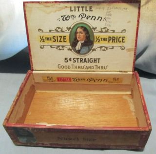 Old 5 Cent Little Wm Penn Wood/wooden Cigar Box - Philadelphia,  Pa. ,  Knoxville,  Tn.
