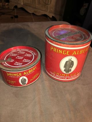 2 Antique Prince Albert Crimp Cut Pipe & Cigarette Tobacco Tin Can Large
