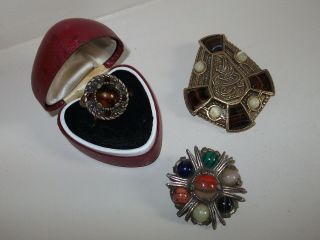 Trio Of Vintage Miracle Signed Jewellery Items - Brooch,  Scarf Ring & Pendant