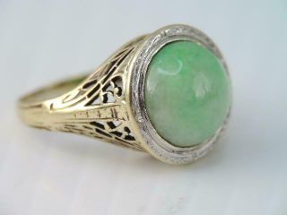Antique Chinese Art Deco Solid 14k Gold Filigree Green Jade Stone Ring