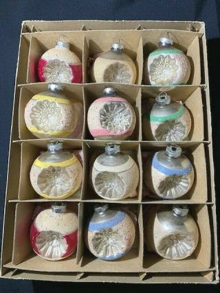 Box Of 12 Vtg Shiny Brite Christmas Ornaments Mercury - Striped - Indented