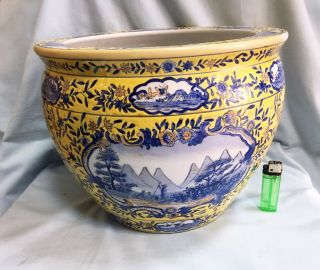 Chinese Yellow And Blue Ceramic Porcelain Fish Bowl Planter Antique Vintage Th?