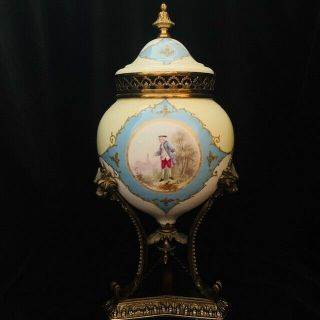 Vintage Sevres Style Porcelain And Brass French Urn With Cap.